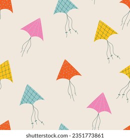 Cartoon kite seamless pattern. Cute baby texture with flying kites. Children's outdoor toy. Baby vector illustration.