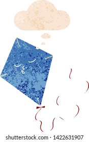 cartoon kite with thought bubble in grunge distressed retro textured style