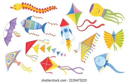 Cartoon kites, colorful flying children toy with ribbons. Kite festival, animal shape wind toys, summer outdoor kids activity vector set. Wind flying game in different forms as fish, snake