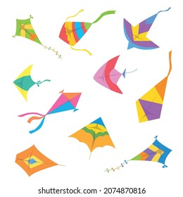 Cartoon kites. Soaring in the wind in the sky. Outdoor entertainment for children.