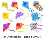 Cartoon kites. Wind flying toy with ribbon and tail for kids. Makar Sankranti. Butterfly, fish and rainbow kite shape and design, vector set. Illustration wind kite game, summer flying toy