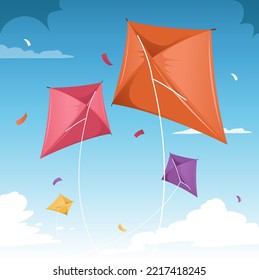 Cartoon kites. Wind flying toy with ribbon and tail for kids. Makar Sankranti. Butterfly, fish and rainbow kite shape and design, vector set. Illustration wind kite game, summer flying toy