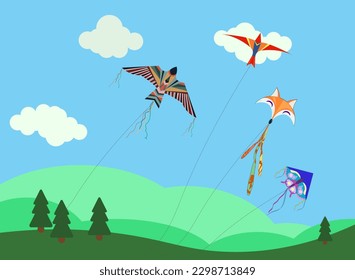 Cartoon kites. Wind flying toy with ribbon and tail for kids. Makar Sankranti. Butterfly, fox, eagle kite shape and design, vector set. Illustration wind kite game, summer flying toy