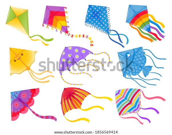 Cartoon kites. Wind flying toy with ribbon and tail\
for kids. Makar Sankranti. Butterfly, fish and rainbow kite shape\
and design, vector set. Illustration wind kite game, summer flying\
toy