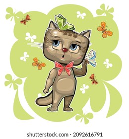 Cartoon Kitten and butterflies. Funny comic cat animal. Summer scenery. Cute flat style. Childrens illustration clipart is isolated on a white background. Vector