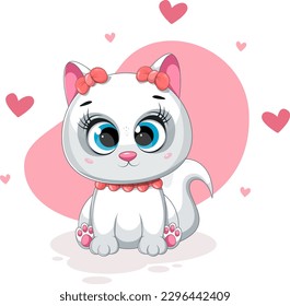 Cartoon kitten with cute bows and hearts