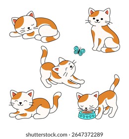 Cartoon kitten in different poses: sleeping, sitting, playing, eating, and stretching. Perfect for children's products, stickers, greeting cards, nursery decor, and pet themed designs.