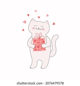Cartoon kitten with gifts and hearts. Vector cheerful cute cat. Valentine's Day postcard, congratulations. Vector illustration, background isolated.