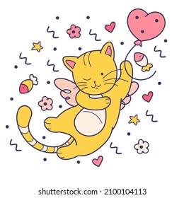 Cartoon kitten with heart shaped balloon. Funny Isolated doodle character for t shirts, tee print, sticker on wedding card, social media post on st Valentines day