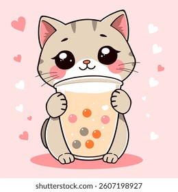 Cartoon kitten holding bubble tea