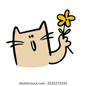 Cartoon kitten holds a beautiful yellow flower in his hand. Vector illustration of an animal cat sniffing flora. A surprise gift for a women  holiday. Isolated character on white background.