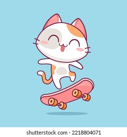 Cartoon Kitten Springen mit Skateboard kawaii Stil Vektorgrafik. Baby Cat Cartoon Charakter. Kinder Tee Print Design. Tiersportsymbol im flachen Cartoon-Stil
