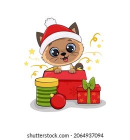 Сute cartoon kitten in a new year gift box. New Year card, christmas card,surprise. Cat with gifts