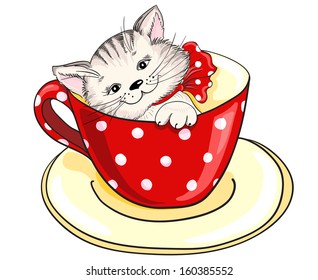 Cartoon kitten sitting inside large cup