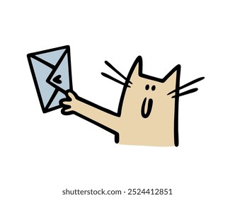 Gatinho de desenhos animados estendido pata e segurando envelope azul com coração. Ilustração vetorial de carteiro trazendo carta. Cat trabalhando no serviço de entrega. O correio de animais entregou a correspondência.