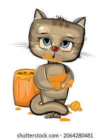 Cartoon Kitten sweet tooth got soiled with honey. Wooden cask. Naive Cat baby. Funny childish illustrations for print. Illustration in a flat style. The isolated object on a white background. Vector.