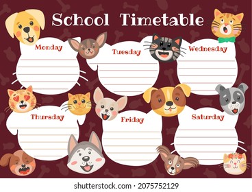 Horario educativo de gatitos, gatos, perros y cachorros. Plantilla de planificador vectorial semanal con personajes bonitos. Calendario escolar para clases con marcos alineados para clases y boquillas divertidas