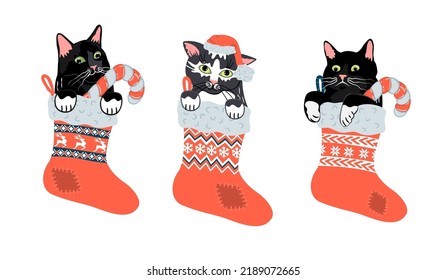 Cartoon Kittens In Christmas Socks.Two Black And One Gray Cute Cats With A Stick And A Hat.Vector Set Of Clipart For The Design Of Cards, Posters, Banners, Patterns, Prints.