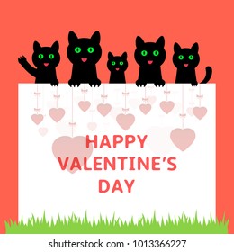 Cartoon kittens hiding behind paper. Happy Valentines day greeting card.