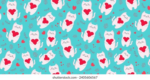 Kätzchen-Muster. Paw und Herzdrucke. Katzenrutsche, die Herz hält. Feierliche Verpackung Design Valentinstag. Nahtloser Vektorhintergrund, Tapete.