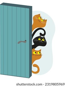   Cartoon kittens, pets. Kittens and open door. Banner with funny multicolored cats.    Postcard design, flyer design. Space for text. Vector illustration, isolated background.