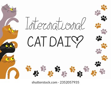  Cartoon kittens, trace of a cat. International Cat Day. Place for inscription, text. Banner, frame with funny kittens. Vector illustration, white background, isolated.