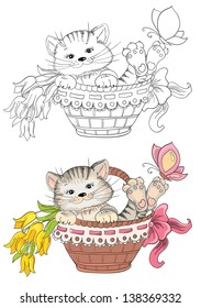 Cartoon kitty in basket for coloring book