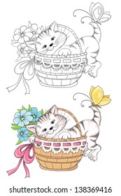 Cartoon kitty in basket for coloring book