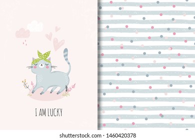 Cartoon kitty cat character with bow on the hand. Funny card template and seamless background pattern. Hand drawn shirt print design vector illustration.