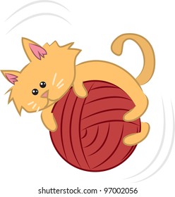 Cartoon kitty cat playing with a ball of yarn
