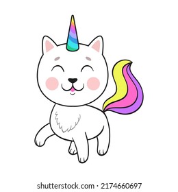 Cartoon kitty eating ice cream, strawberry, cupcake, playing with magic stick or sleeping. Flat vector illustration. Funny rainbow unicorn cat