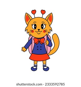 Cartoon kitty in school uniform. Funny cat dressed in clothes with backpack. Flat style vector illustration. Back to school concept design
