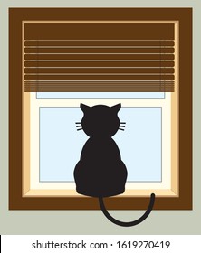 A cartoon kitty in silhouette is sitting on a window sill and staring outside