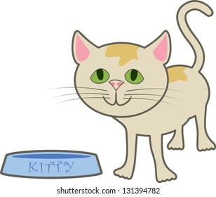 A cartoon kitty standing near its food dish.