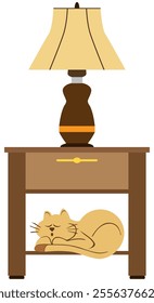 A cartoon kitty is taking a nap on the bottom shelf of a night stand