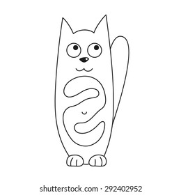 Cartoon kitty, vector illustration of funny cute cat with full tummy, cat smiling and paws are put like Yin Yang, coloring book page for children