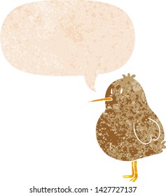 cartoon kiwi bird with speech bubble in grunge distressed retro textured style