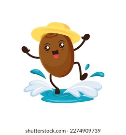 Cartoon kiwi fruit character on summer oceanside trip. Isolated vector fresh fruit at entertaining and fun in ocean water at beach getaway. Nutritious raw food relaxing on ocean during vacation