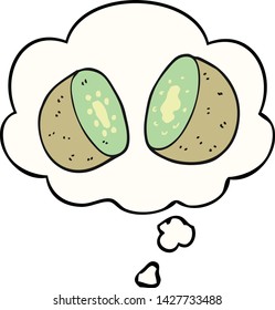 caricatura kiwi con burbuja de pensamiento