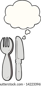 cartoon knife and fork with thought bubble