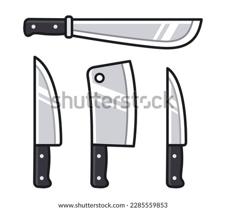 Cartoon knife icon set. Kitchen knives, meat cleaver, machete. Vector clip art illustration set.