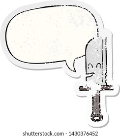 cartoon knife with speech bubble distressed distressed old sticker