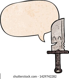 cartoon knife with speech bubble in retro texture style