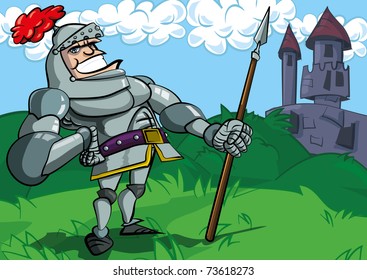 Cartoon knight in armour with a spear. He is in a fiels in front of a castle