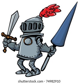 Cartoon knight in armour with a spear. He is isolated on white