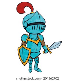 Cartoon knight in armour with sword and shield. Isolated