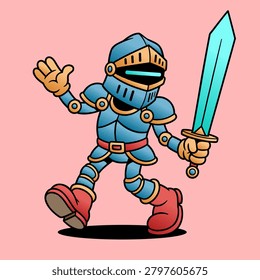 Cartoon Knight in Blue Armor Waving With Sword