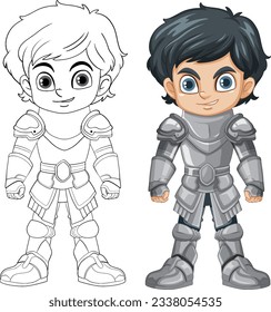Cartoon knight boy cartoon character with doodle outline for colouring illustration