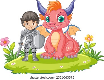 Cartoon knight boy with dragon illustration