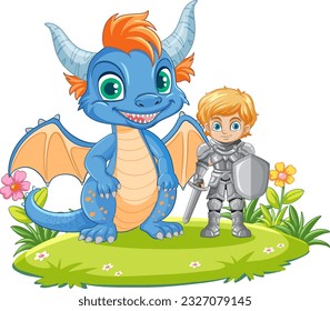 Cartoon knight boy with dragon illustration